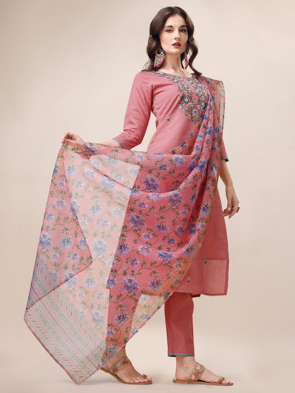 Embroidered Kurta With Pant & Printed Dupatta Set, Multicolor - Hiral Fashion - Distacart