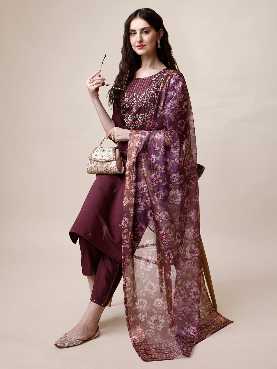 Embroidered Kurta With Pant And Dupatta Set, Multicolor - Hiral Fashion - Distacart