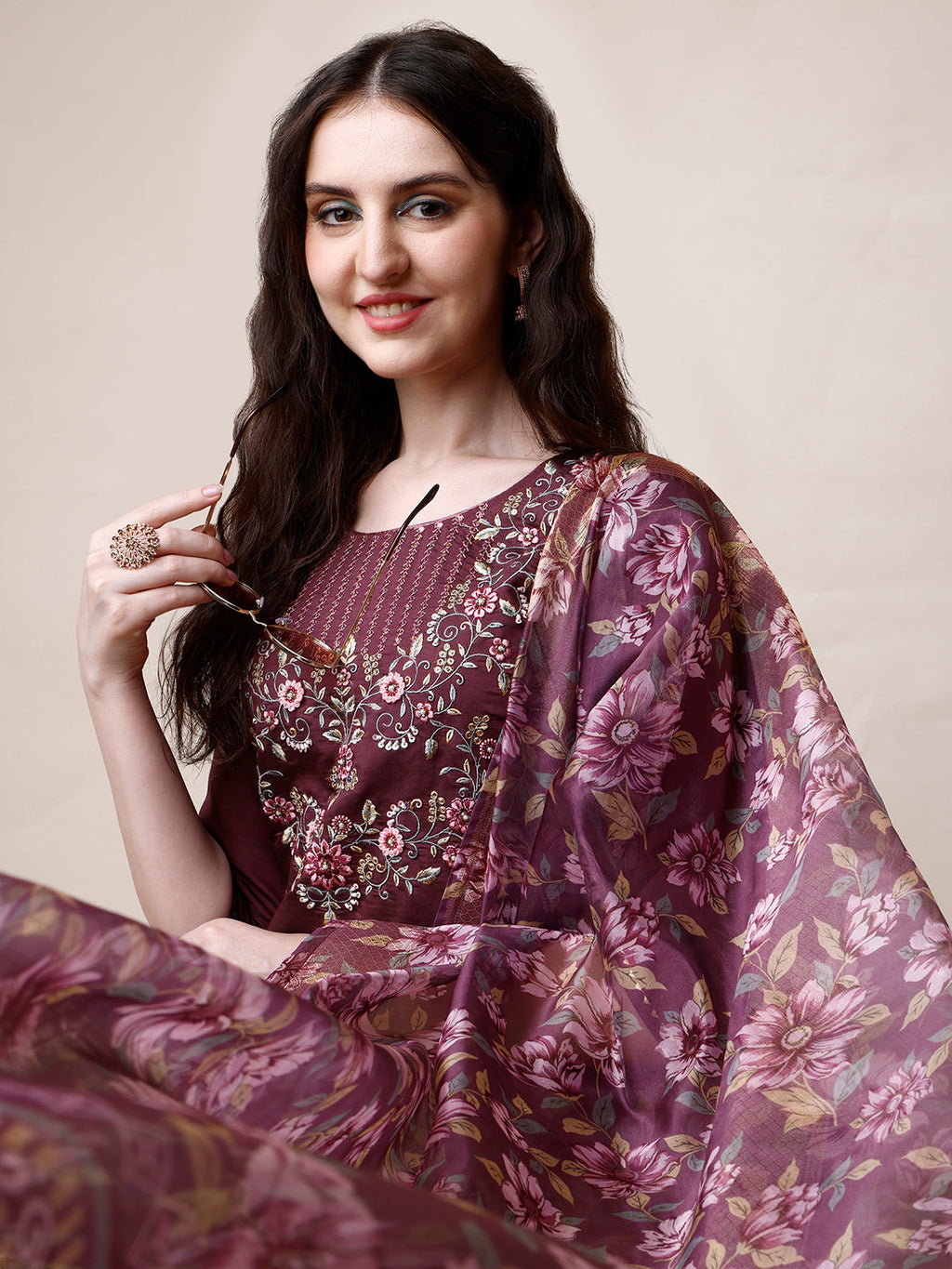 Embroidered Kurta With Pant And Dupatta Set, Multicolor - Hiral Fashion - Distacart