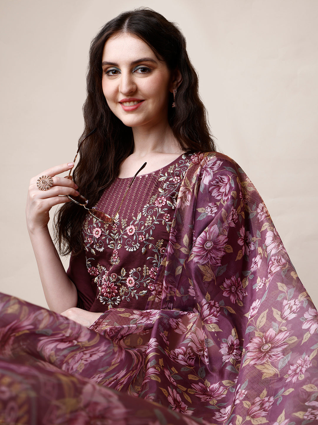 Embroidered Kurta With Pant And Dupatta Set, Multicolor - Hiral Fashion - Distacart