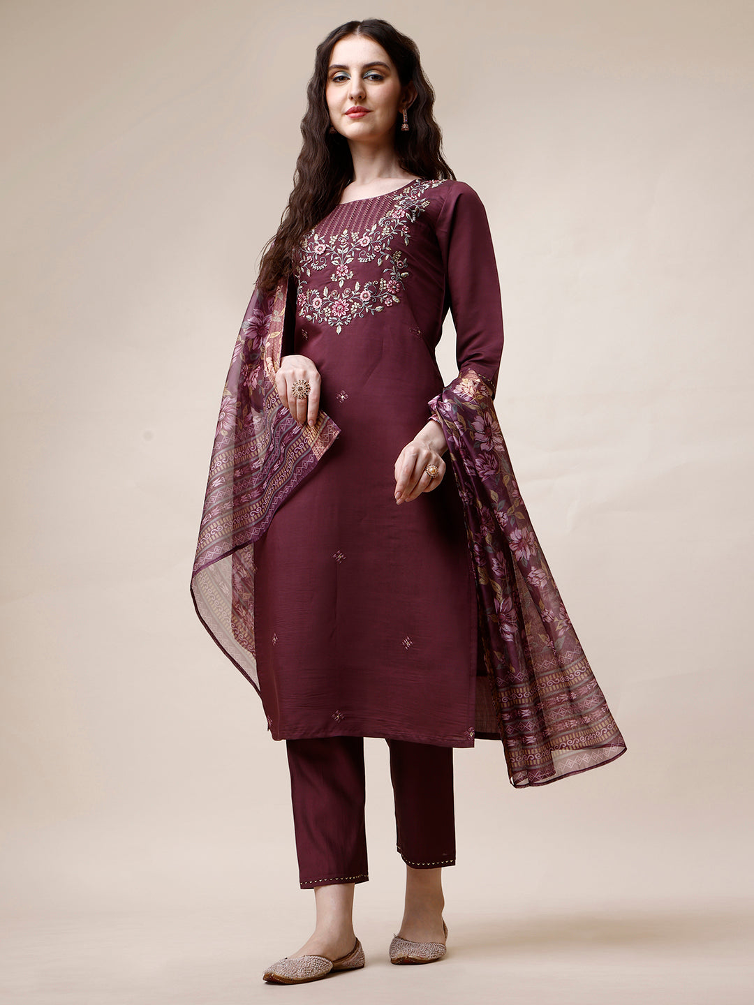 Embroidered Kurta With Pant And Dupatta Set, Multicolor - Hiral Fashion - Distacart