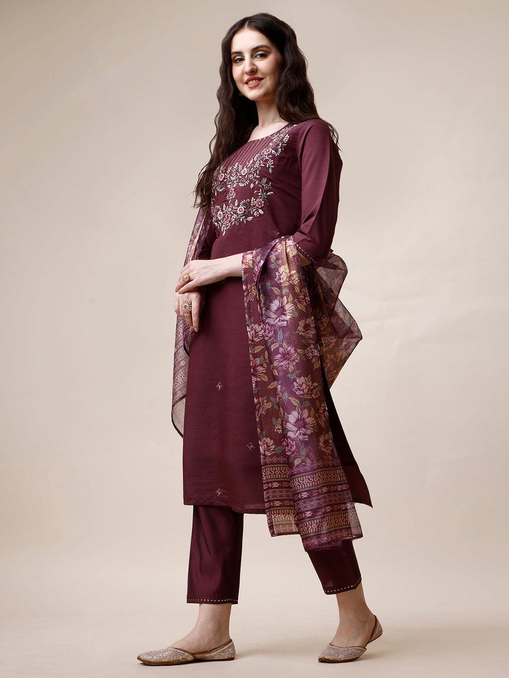 Embroidered Kurta With Pant And Dupatta Set, Multicolor - Hiral Fashion - Distacart