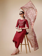 Embroidered Kurta With Pant And Printed Dupatta Set, Multicolor - Hiral Fashion - Distacart