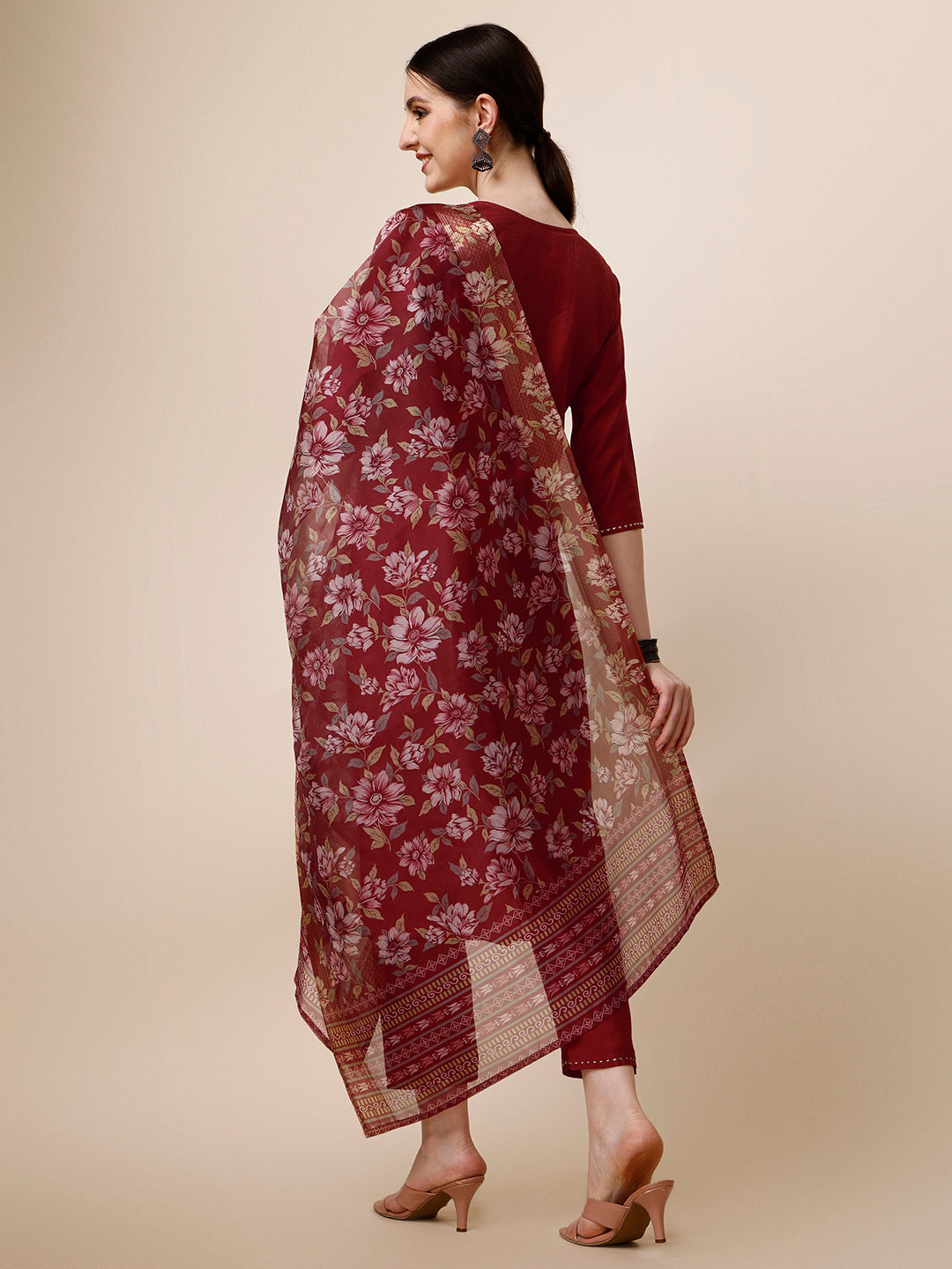 Embroidered Kurta With Pant And Printed Dupatta Set, Multicolor - Hiral Fashion - Distacart