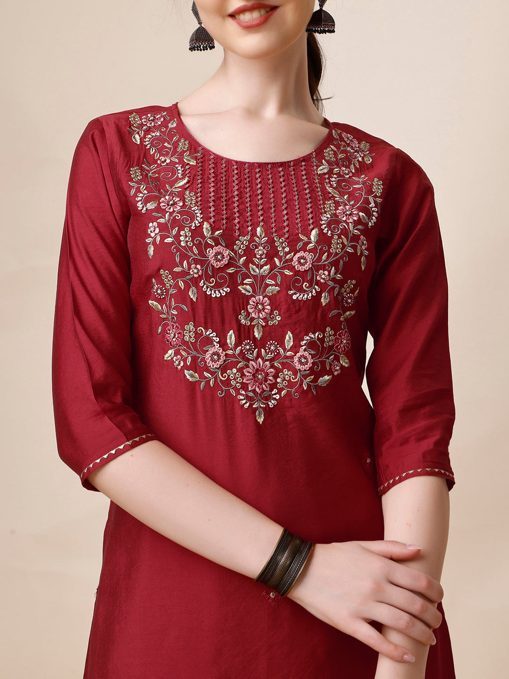 Embroidered Kurta With Pant And Printed Dupatta Set, Multicolor - Hiral Fashion - Distacart