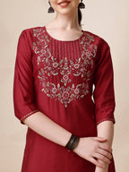 Embroidered Kurta With Pant And Printed Dupatta Set, Multicolor - Hiral Fashion - Distacart
