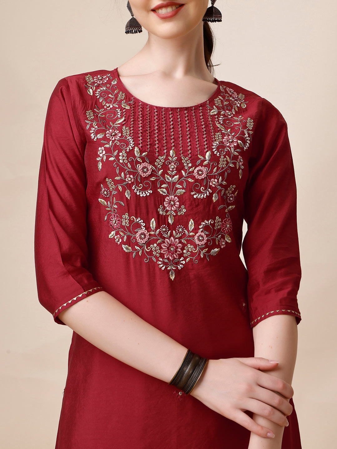 Embroidered Kurta With Pant And Printed Dupatta Set, Multicolor - Hiral Fashion - Distacart