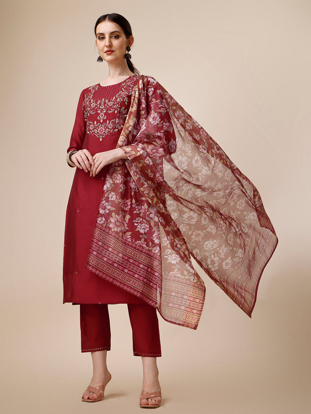 Embroidered Kurta With Pant And Printed Dupatta Set, Multicolor - Hiral Fashion - Distacart