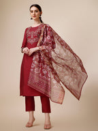Embroidered Kurta With Pant And Printed Dupatta Set, Multicolor - Hiral Fashion - Distacart