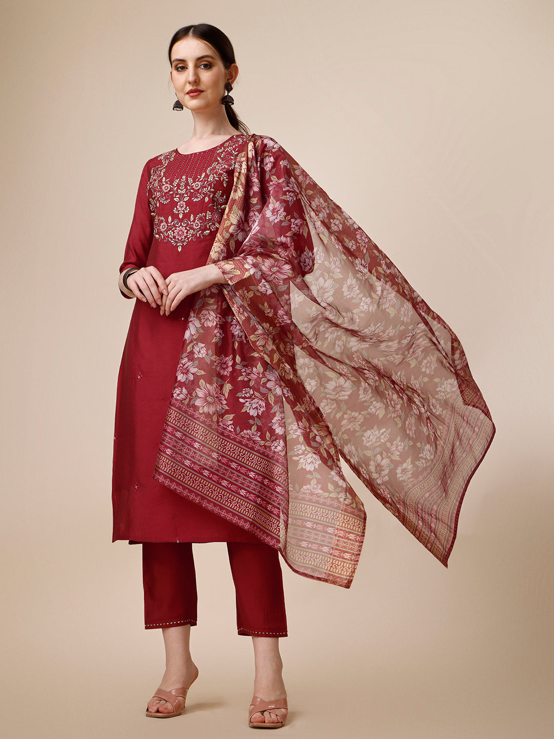Embroidered Kurta With Pant And Printed Dupatta Set, Multicolor - Hiral Fashion - Distacart