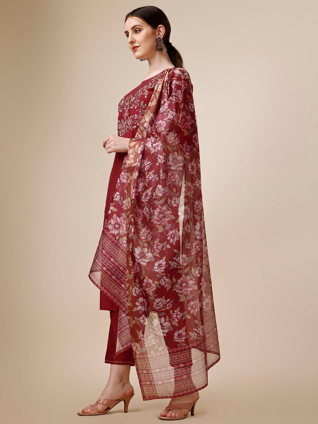 Embroidered Kurta With Pant And Printed Dupatta Set, Multicolor - Hiral Fashion - Distacart