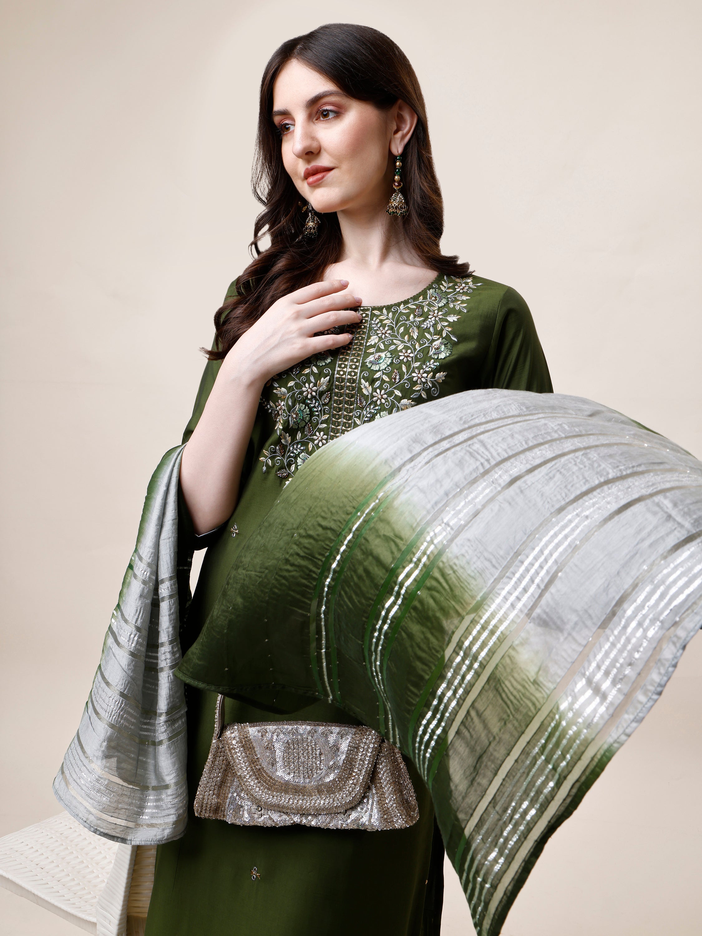 Hand Embroidered Kurta With Pant And Dupatta Set, Multicolor - Hiral Fashion - Distacart