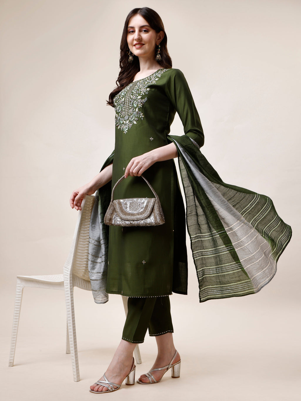 Hand Embroidered Kurta With Pant And Dupatta Set, Multicolor - Hiral Fashion - Distacart