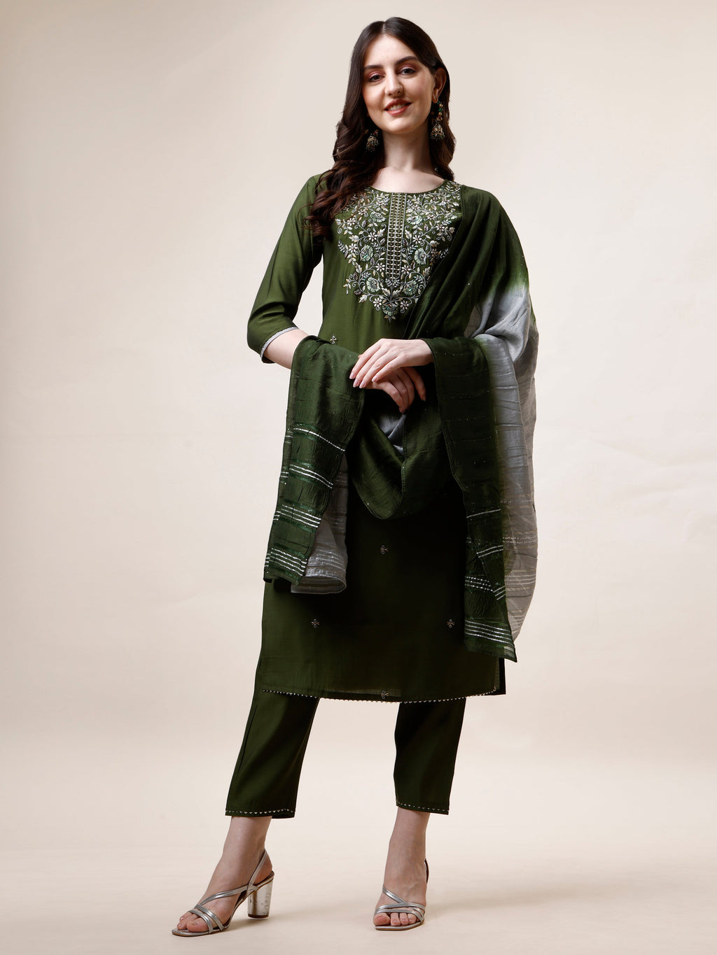 Hand Embroidered Kurta With Pant And Dupatta Set, Multicolor - Hiral Fashion - Distacart