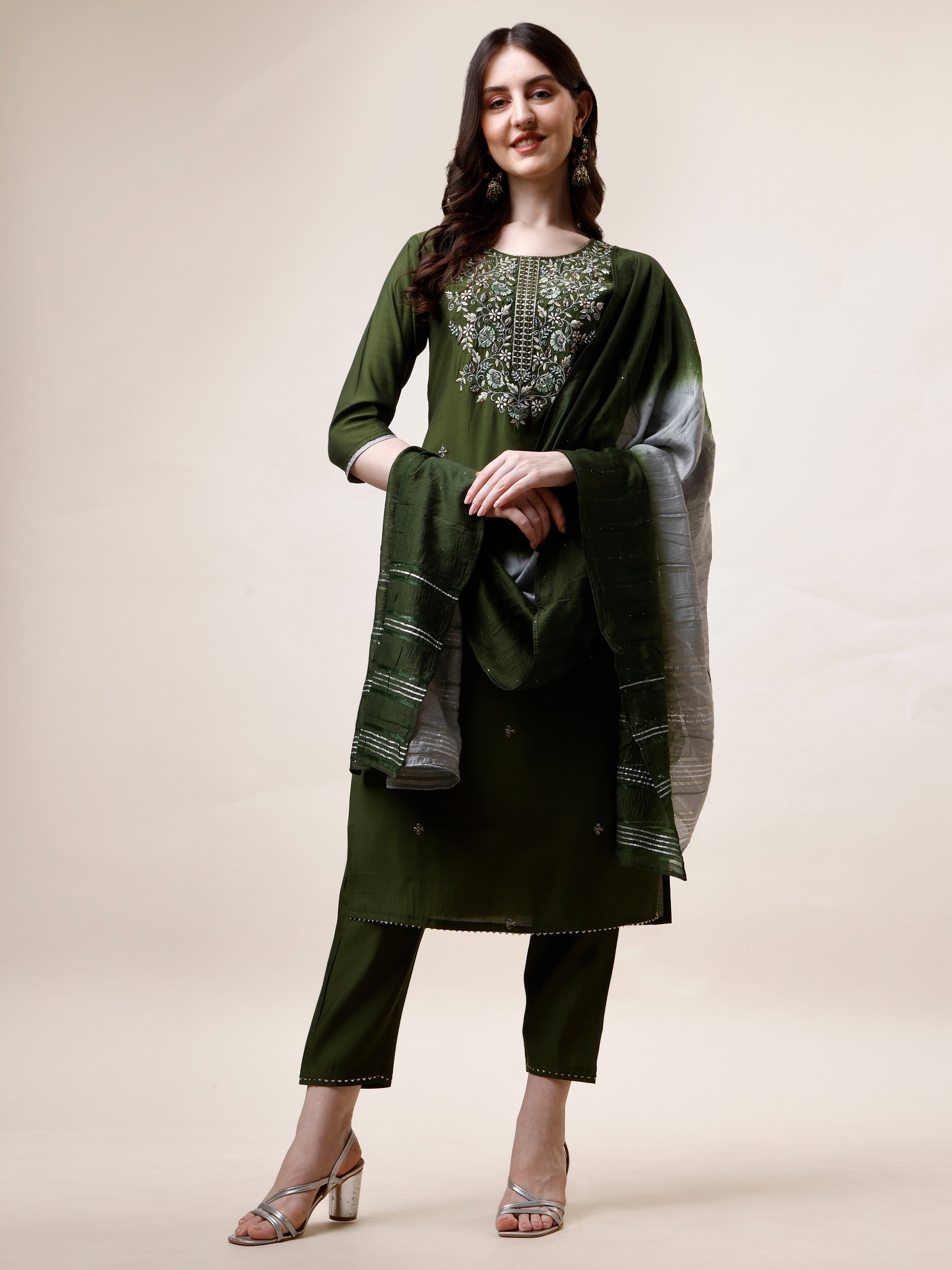 Hand Embroidered Kurta With Pant And Dupatta Set, Multicolor - Hiral Fashion - Distacart