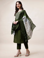 Hand Embroidered Kurta With Pant And Dupatta Set, Multicolor - Hiral Fashion - Distacart