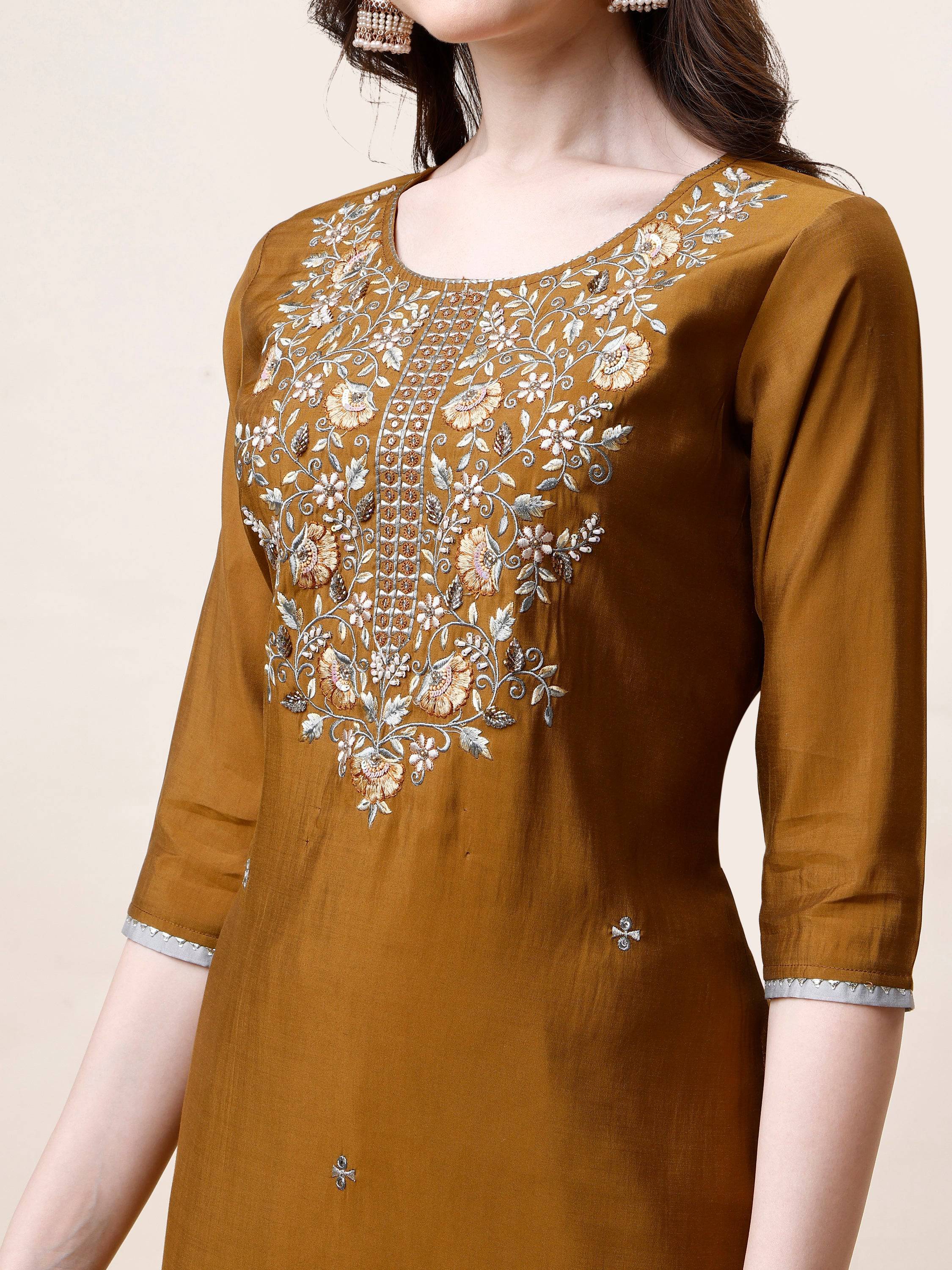 Hand Embroidered Kurta With Pant And Dupatta Set, Multicolor - Hiral Fashion - Distacart