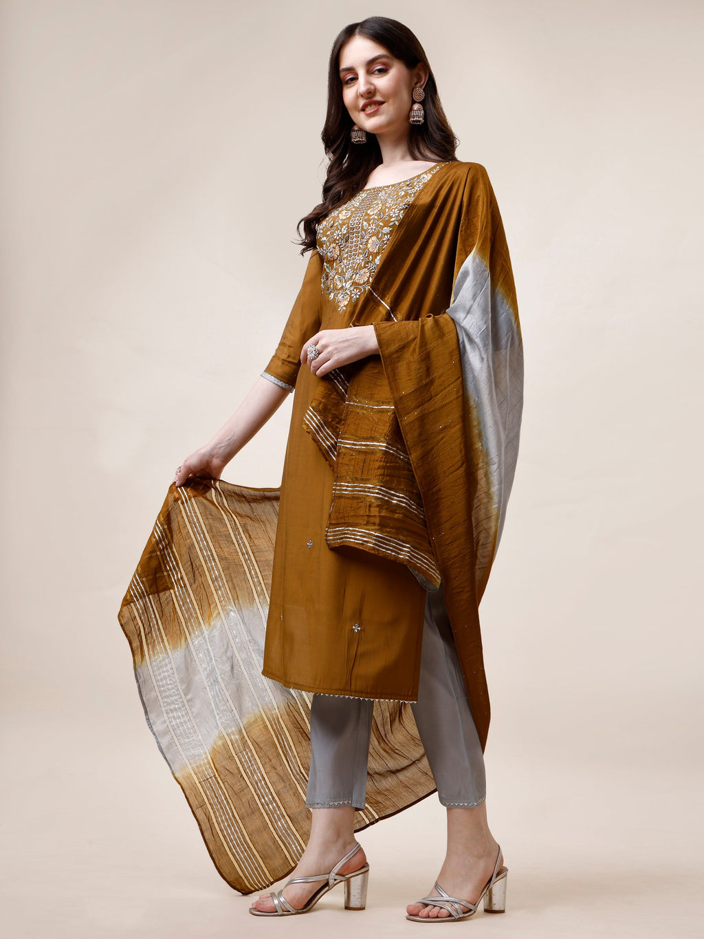 Hand Embroidered Kurta With Pant And Dupatta Set, Multicolor - Hiral Fashion - Distacart