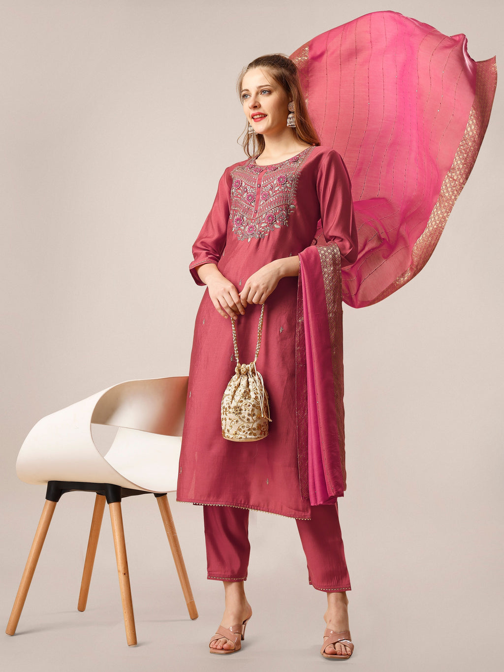 Hand Embroidered Kurta With Pant And Dupatta Set, Multicolor - Hiral Fashion - Distacart