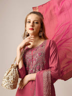 Hand Embroidered Kurta With Pant And Dupatta Set, Multicolor - Hiral Fashion - Distacart