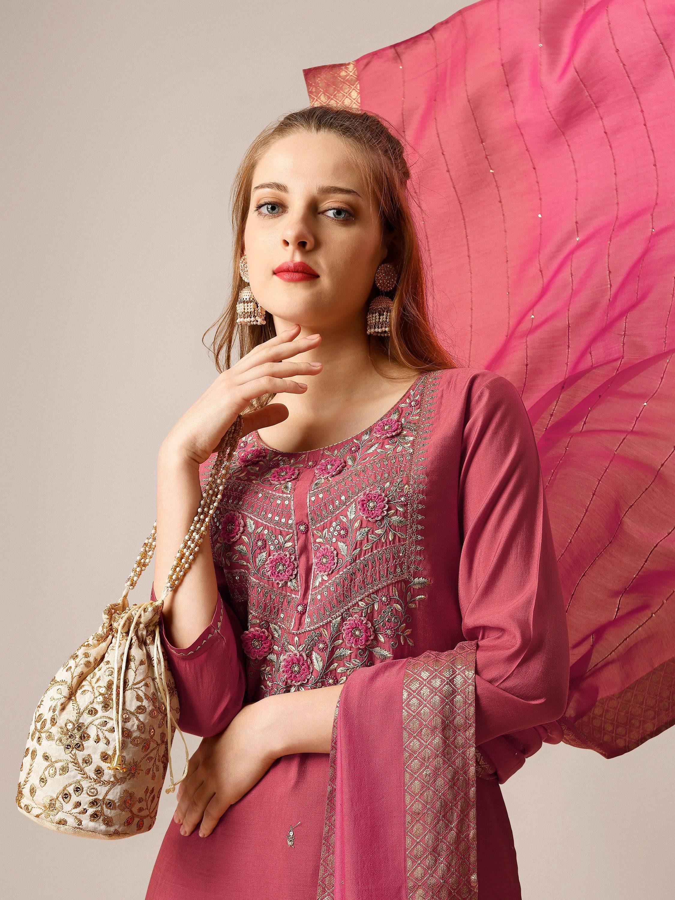 Hand Embroidered Kurta With Pant And Dupatta Set, Multicolor - Hiral Fashion - Distacart