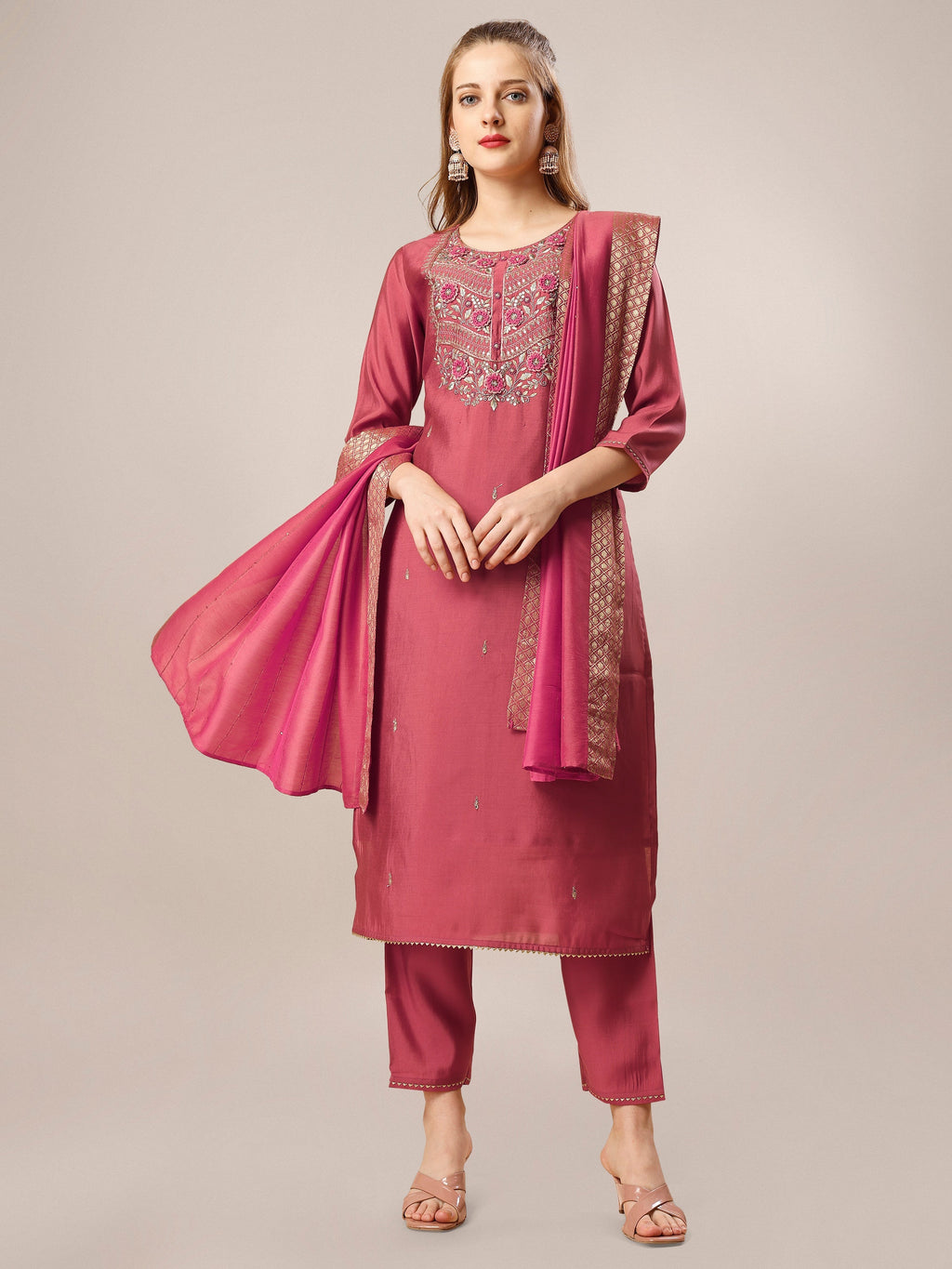 Hand Embroidered Kurta With Pant And Dupatta Set, Multicolor - Hiral Fashion - Distacart