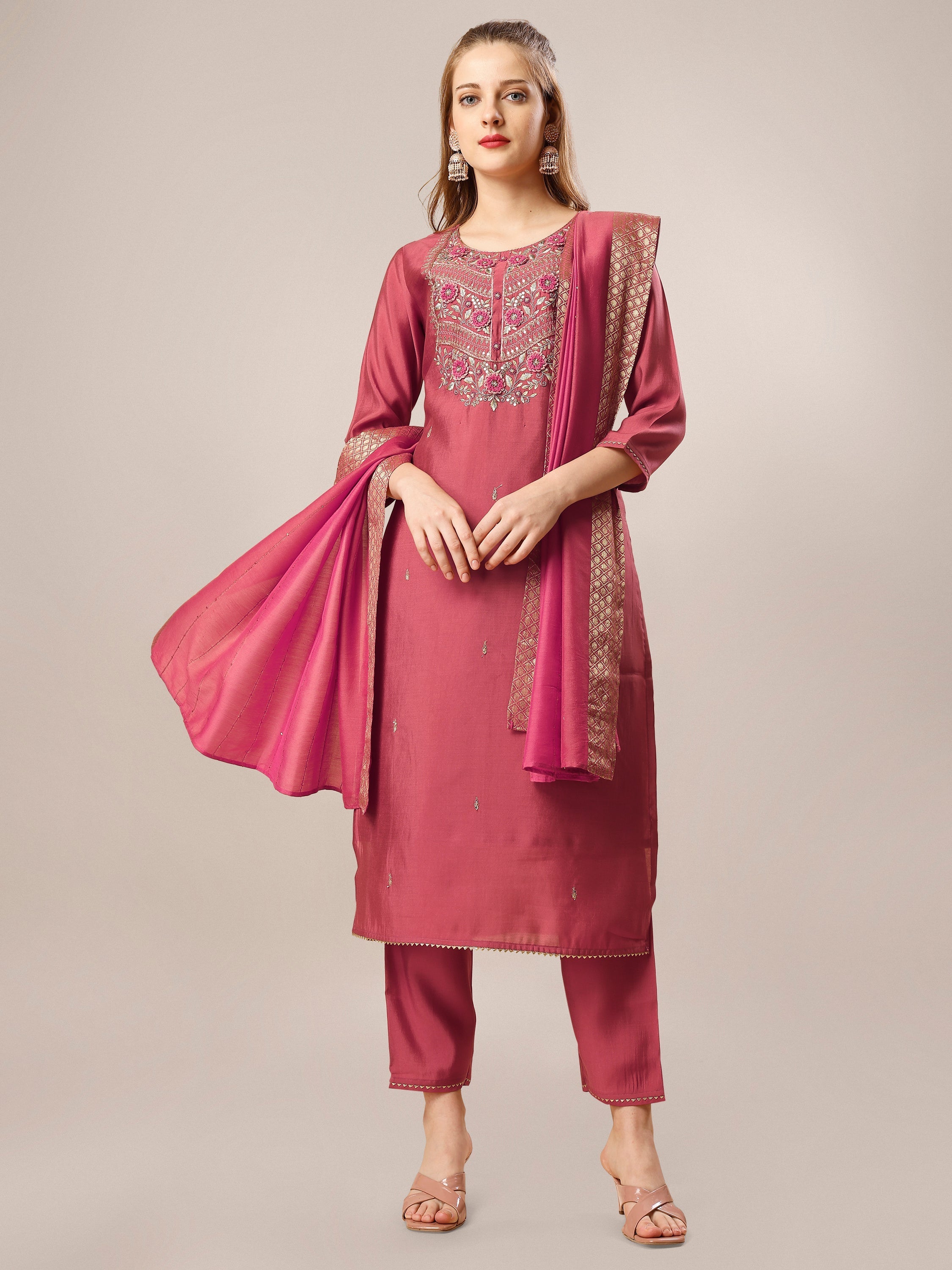 Hand Embroidered Kurta With Pant And Dupatta Set, Multicolor - Hiral Fashion - Distacart