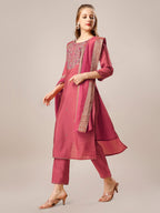 Hand Embroidered Kurta With Pant And Dupatta Set, Multicolor - Hiral Fashion - Distacart