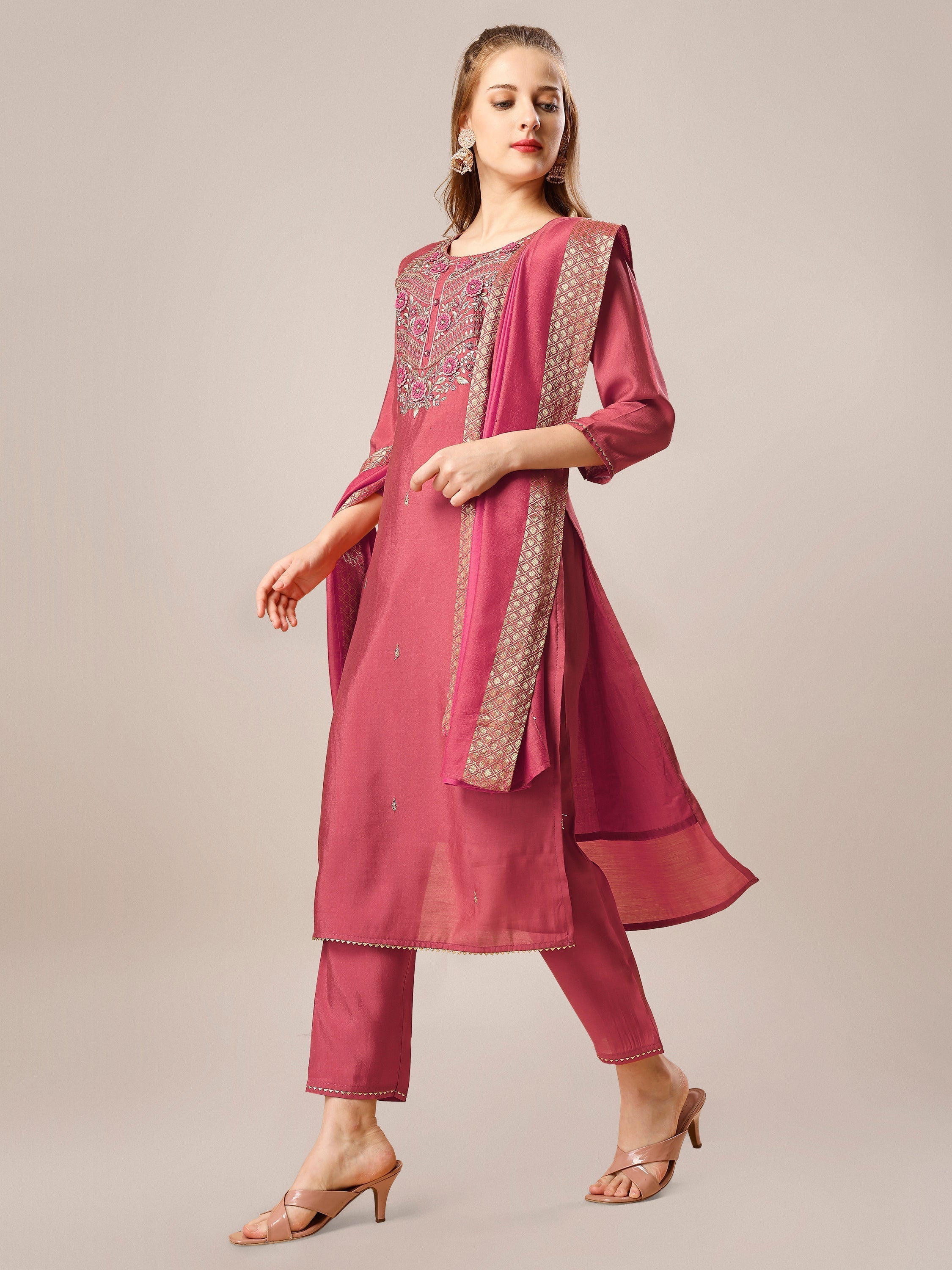 Hand Embroidered Kurta With Pant And Dupatta Set, Multicolor - Hiral Fashion - Distacart