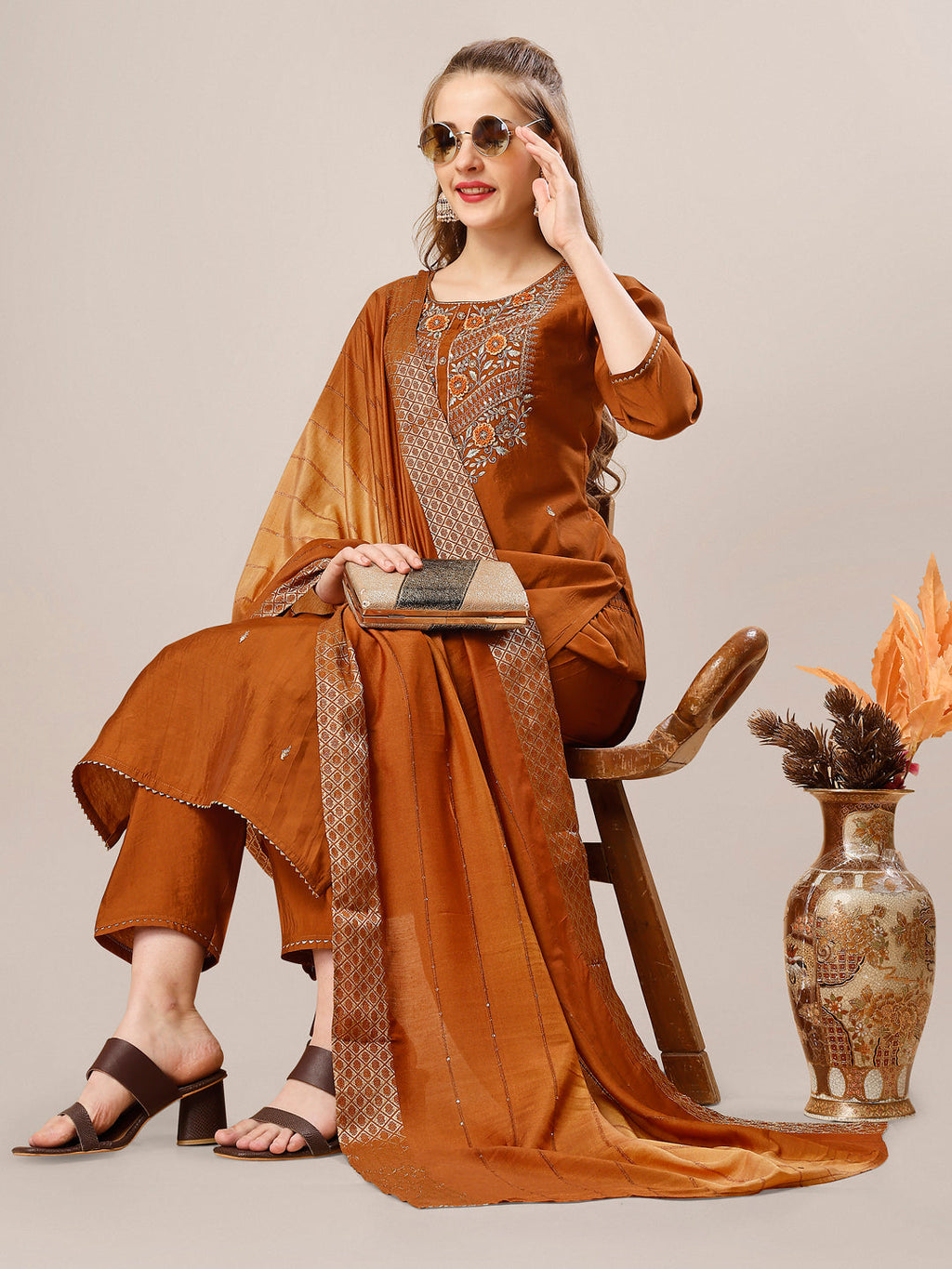 Hand Embroidered Kurta With Pant And Dupatta Set, Multicolor - Hiral Fashion - Distacart