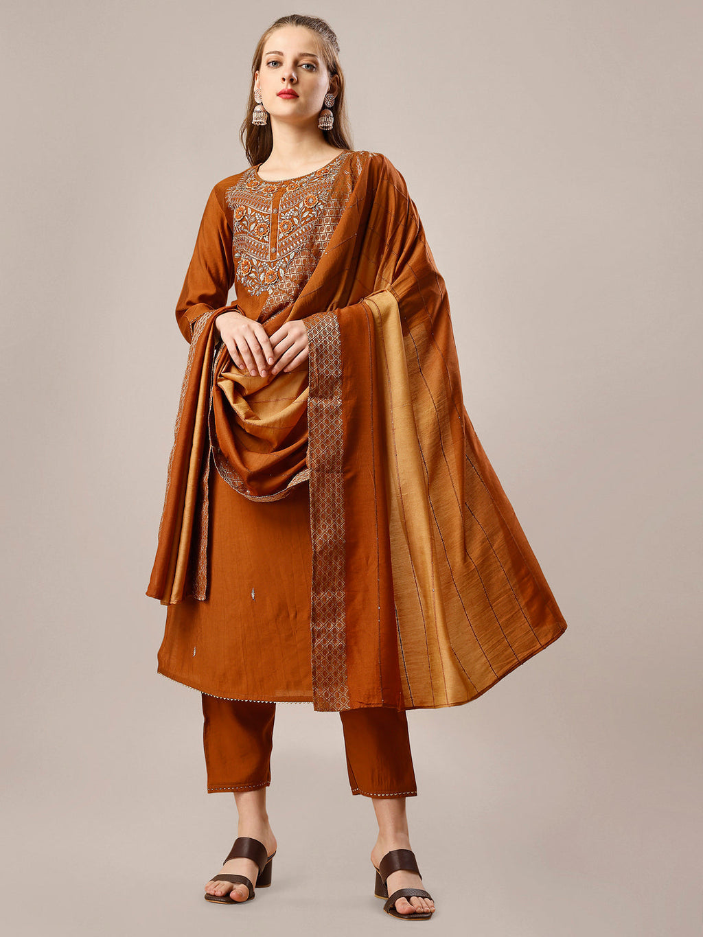 Hand Embroidered Kurta With Pant And Dupatta Set, Multicolor - Hiral Fashion - Distacart