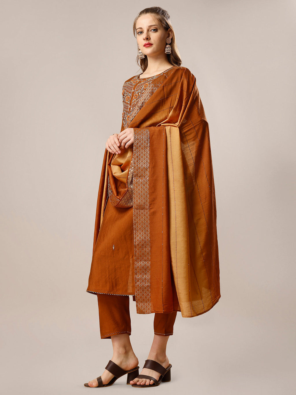 Hand Embroidered Kurta With Pant And Dupatta Set, Multicolor - Hiral Fashion - Distacart