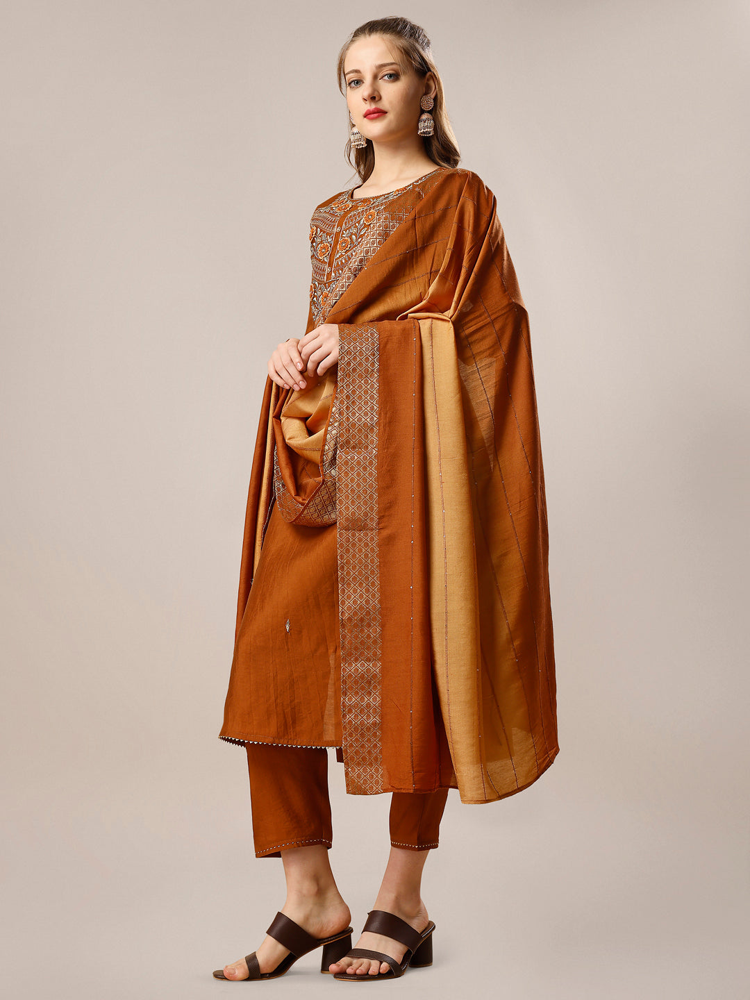 Hand Embroidered Kurta With Pant And Dupatta Set, Multicolor - Hiral Fashion - Distacart