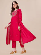 Chanderi Hot Pink Kurta With Pant And Dupatta Set, Multicolor - Hiral Fashion - Distacart