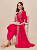 Chanderi Hot Pink Kurta With Pant And Dupatta Set, Multicolor - Hiral Fashion - Distacart