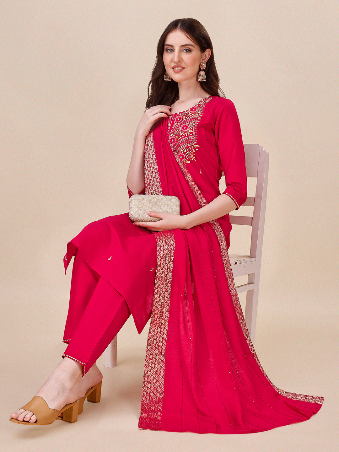 Chanderi Hot Pink Kurta With Pant And Dupatta Set, Multicolor - Hiral Fashion - Distacart