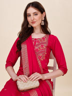 Chanderi Hot Pink Kurta With Pant And Dupatta Set, Multicolor - Hiral Fashion - Distacart