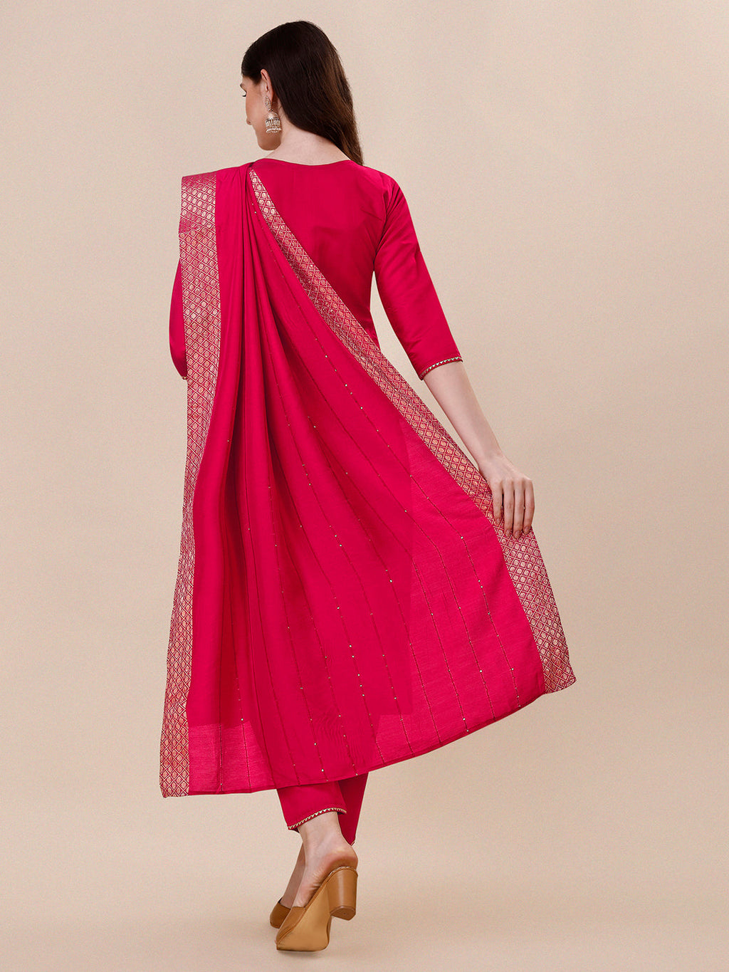 Chanderi Hot Pink Kurta With Pant And Dupatta Set, Multicolor - Hiral Fashion - Distacart