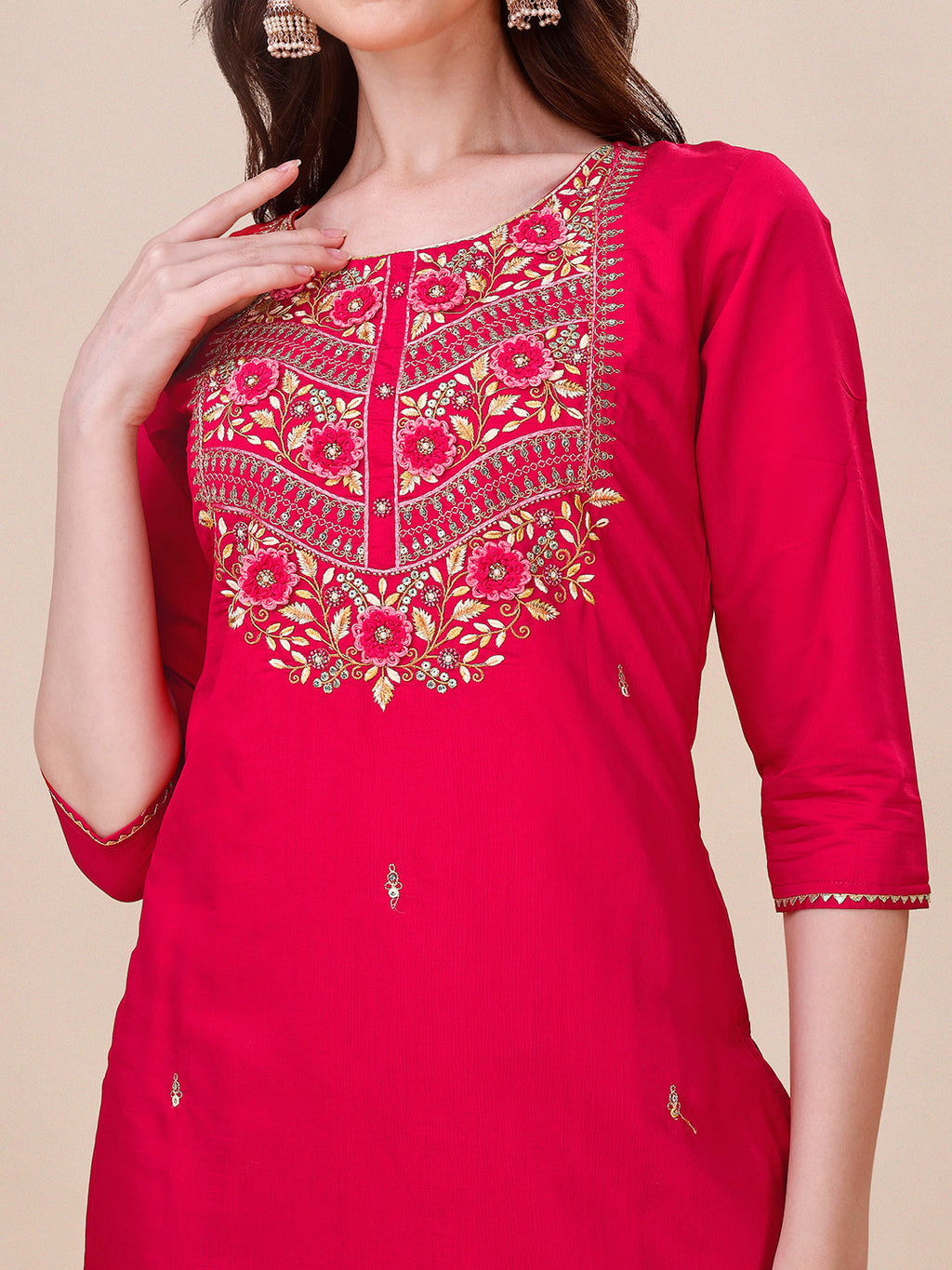 Chanderi Hot Pink Kurta With Pant And Dupatta Set, Multicolor - Hiral Fashion - Distacart