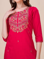 Chanderi Hot Pink Kurta With Pant And Dupatta Set, Multicolor - Hiral Fashion - Distacart