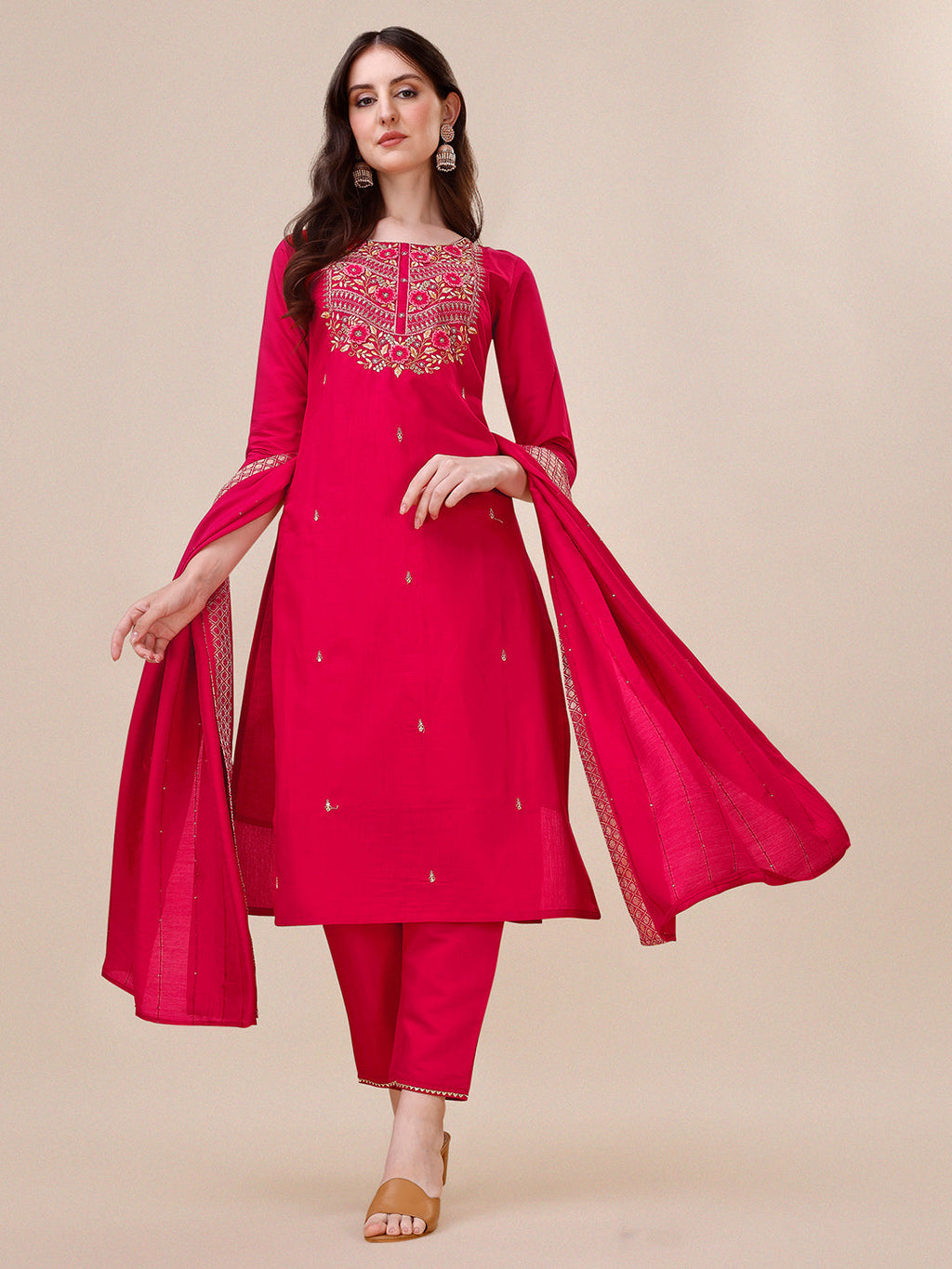 Chanderi Hot Pink Kurta With Pant And Dupatta Set, Multicolor - Hiral Fashion - Distacart