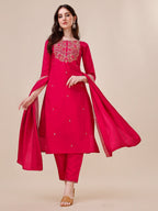 Chanderi Hot Pink Kurta With Pant And Dupatta Set, Multicolor - Hiral Fashion - Distacart