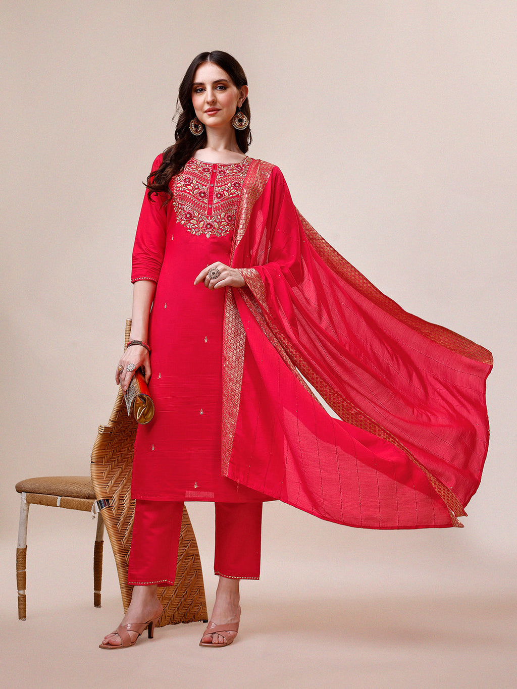 Handworked Red Kurta With Pant And Dupatta Set, Multicolor - Hiral Fashion - Distacart