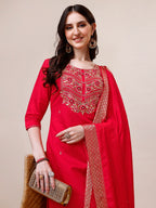 Handworked Red Kurta With Pant And Dupatta Set, Multicolor - Hiral Fashion - Distacart