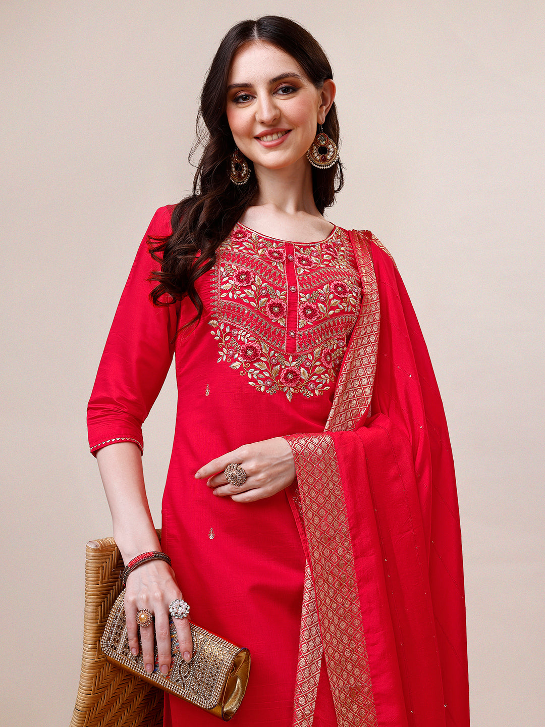 Handworked Red Kurta With Pant And Dupatta Set, Multicolor - Hiral Fashion - Distacart