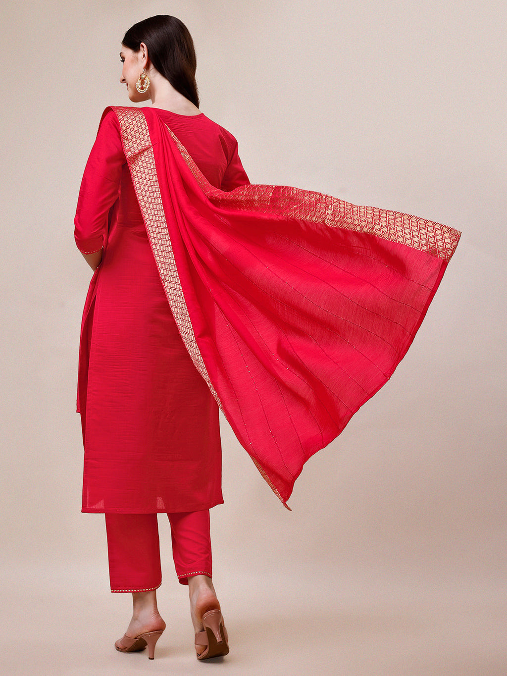 Handworked Red Kurta With Pant And Dupatta Set, Multicolor - Hiral Fashion - Distacart