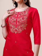 Handworked Red Kurta With Pant And Dupatta Set, Multicolor - Hiral Fashion - Distacart