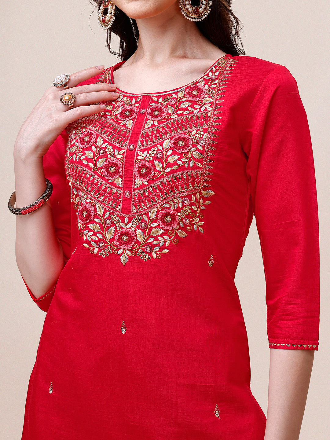 Handworked Red Kurta With Pant And Dupatta Set, Multicolor - Hiral Fashion - Distacart