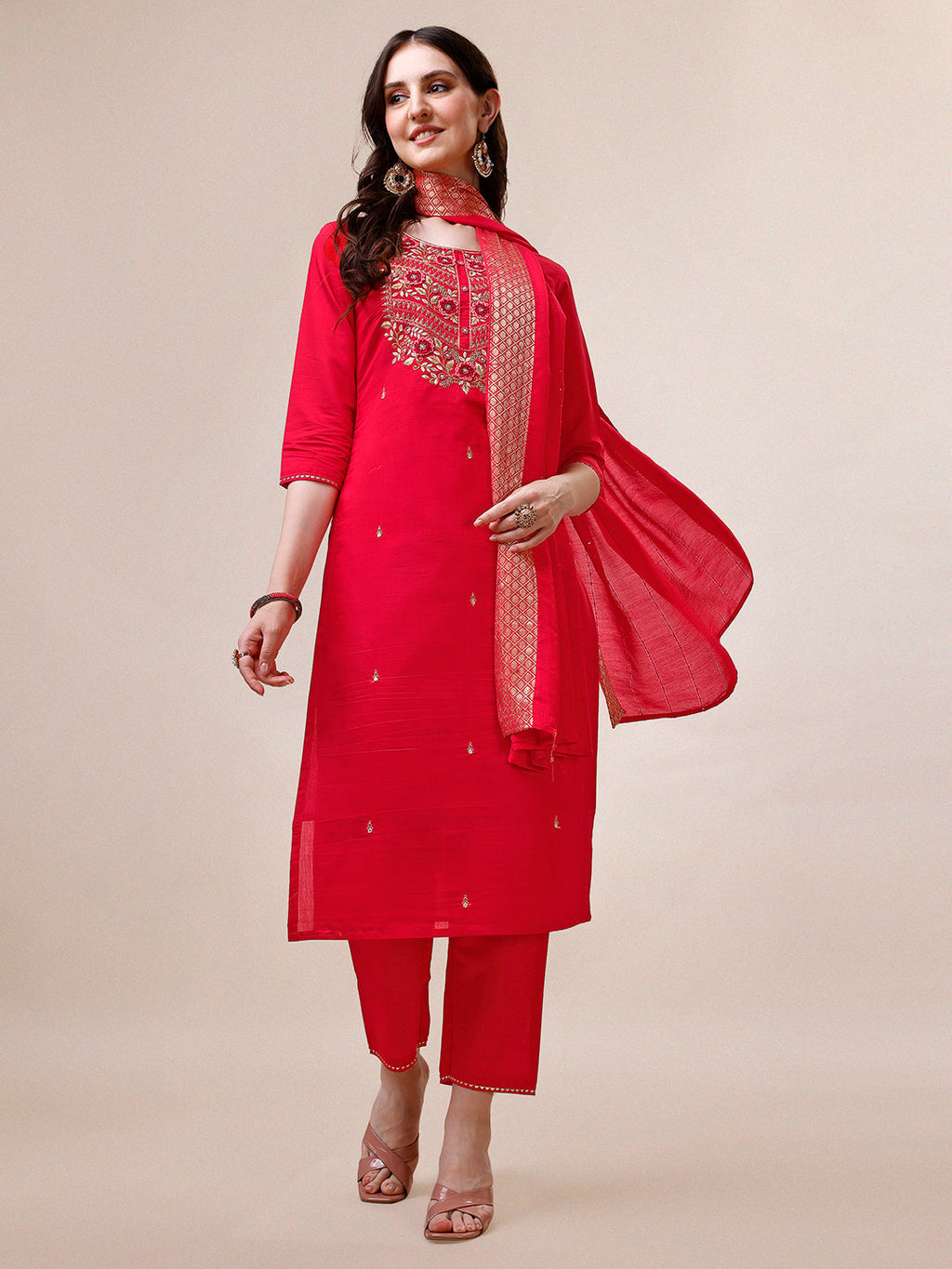 Handworked Red Kurta With Pant And Dupatta Set, Multicolor - Hiral Fashion - Distacart