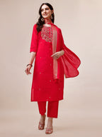 Handworked Red Kurta With Pant And Dupatta Set, Multicolor - Hiral Fashion - Distacart